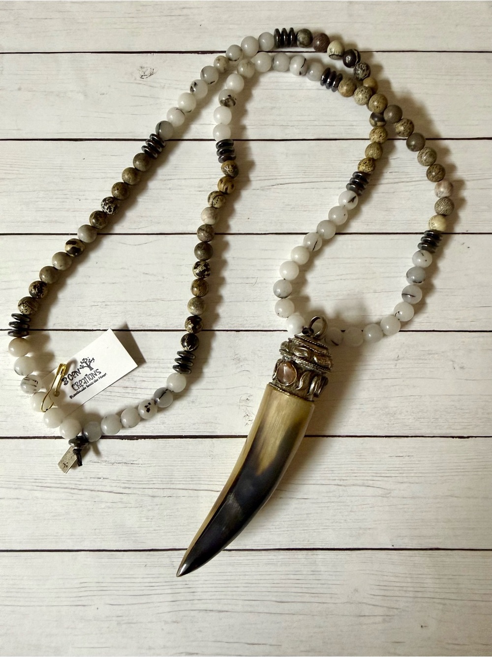 Handcrafted White & Brown Beaded Necklace with Horn Pendant
